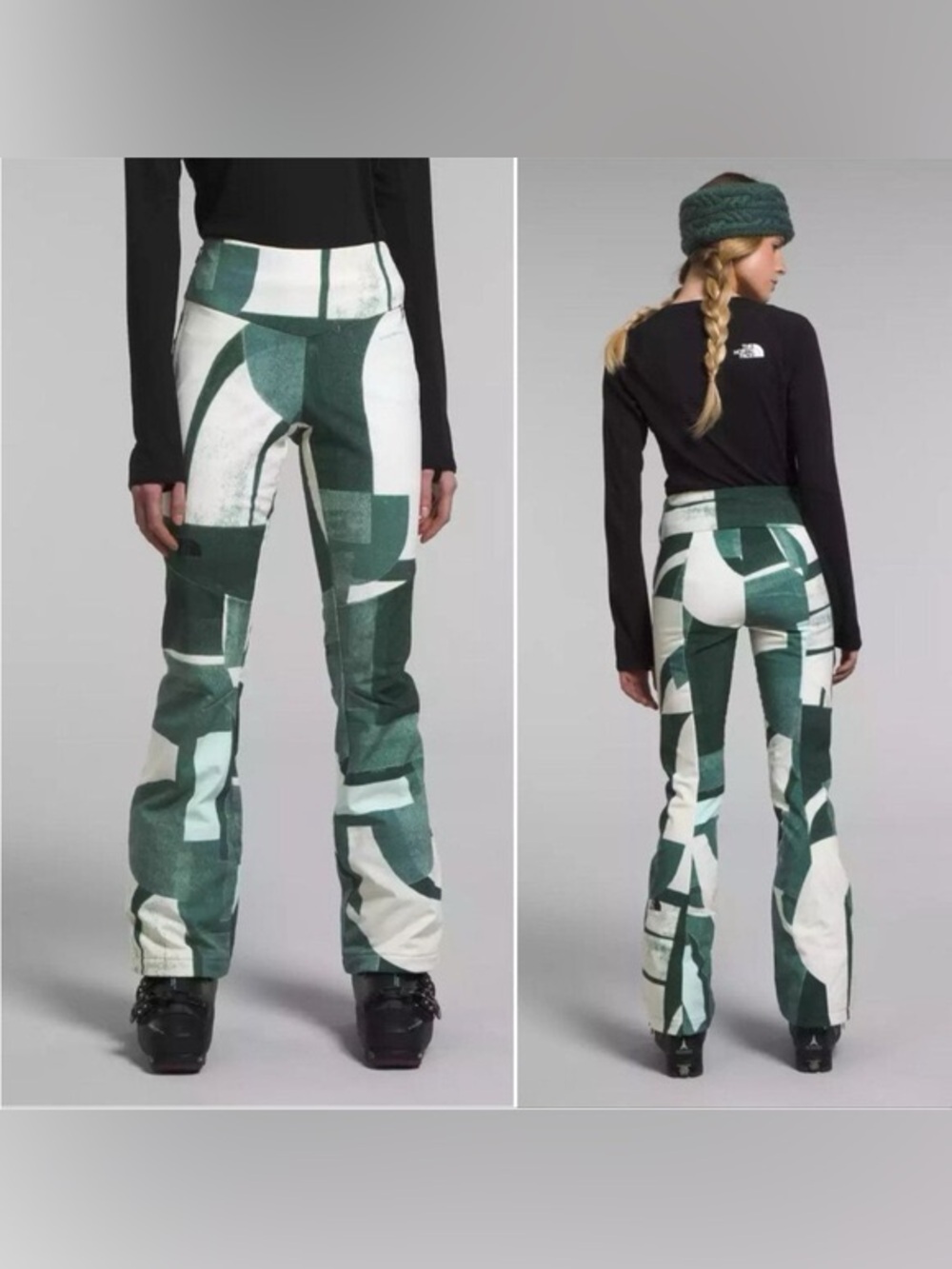 NEW North Face Fitted Snoga Dark Green Geometric Print Snow Pants (size 10)